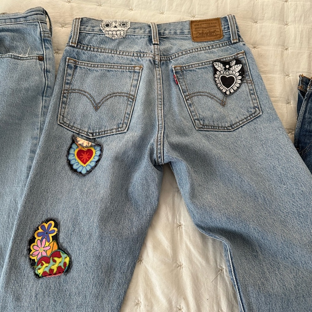 Embroidered Light Blue Jeans with Heart Patches